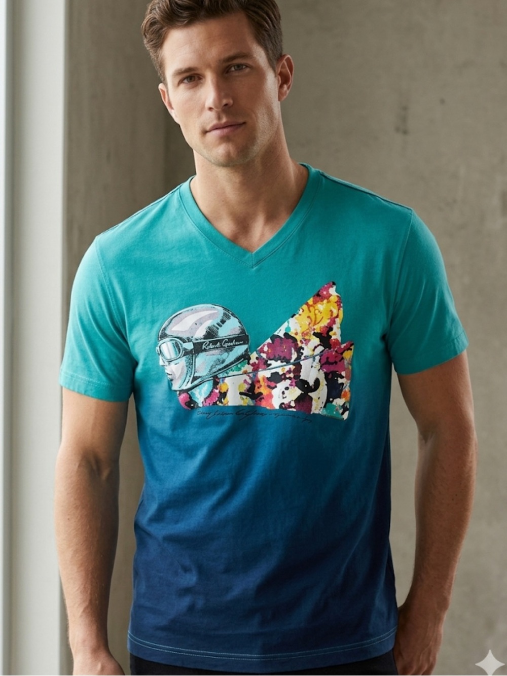 Robert Graham Graphic V-Neck Tee – Size L | 100% Cotton | Artwear Statement |